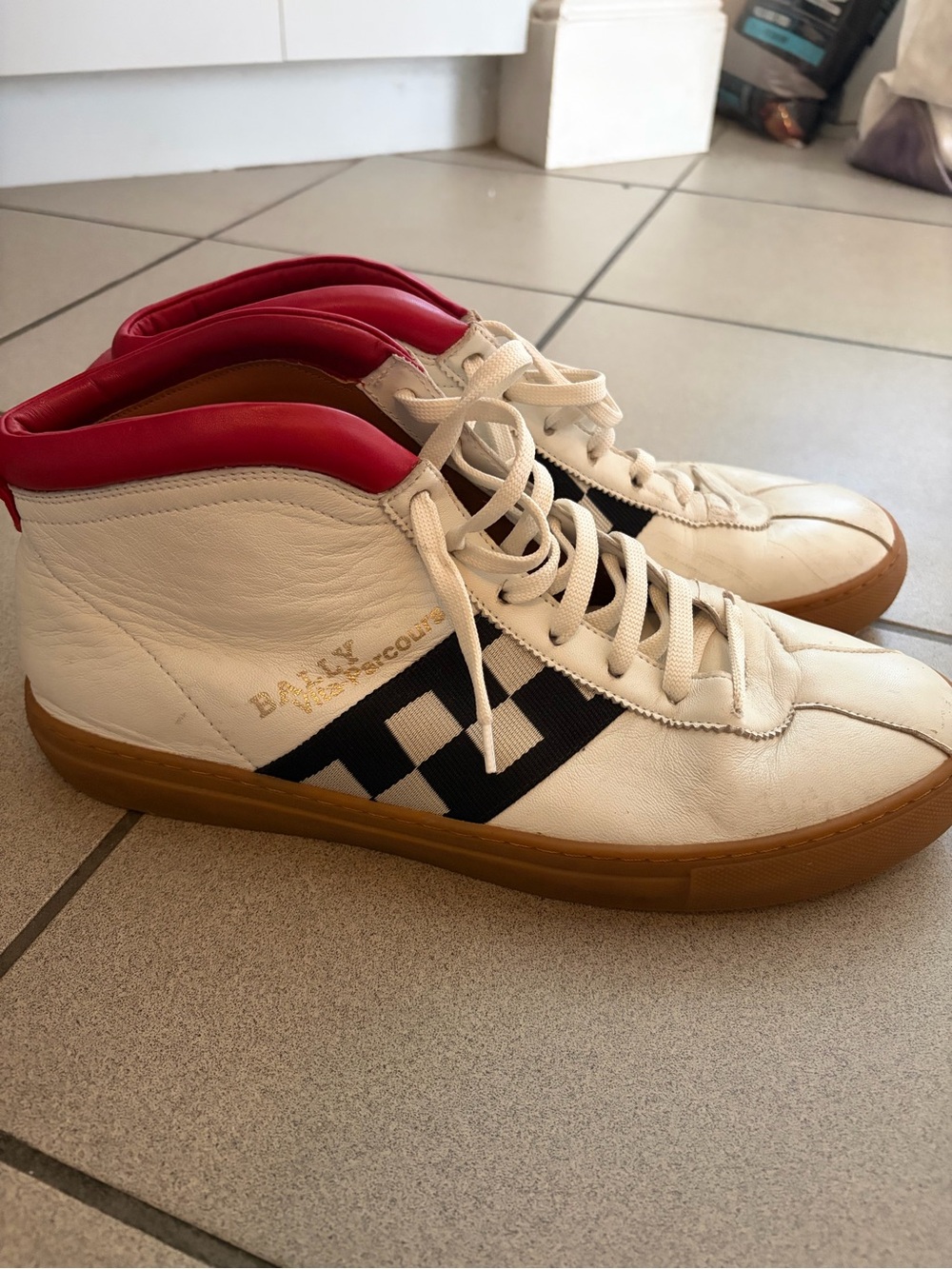 Bally Vita Parcours White Leather High-Top Sneakers with Black Check